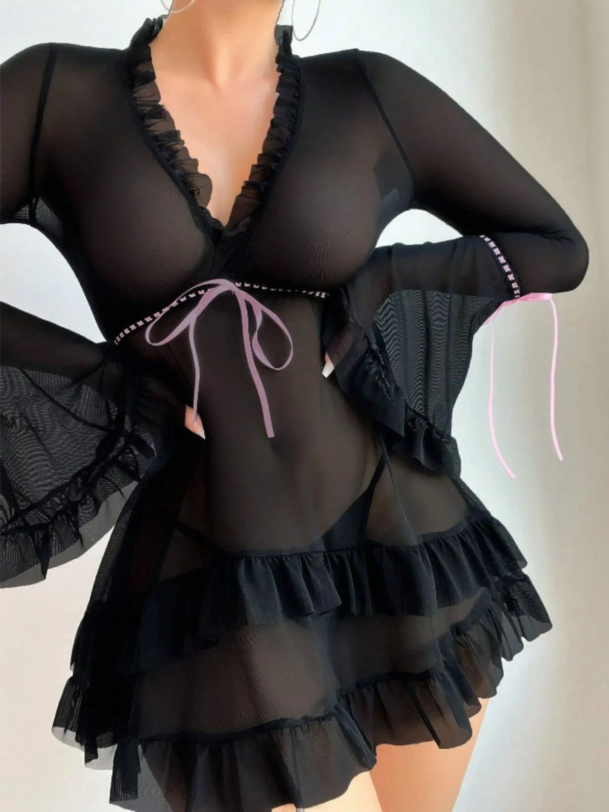 Black 1970s Bowknot Ruffled Sheer Nightdress sold by Retro Stage product image thumbnail 5