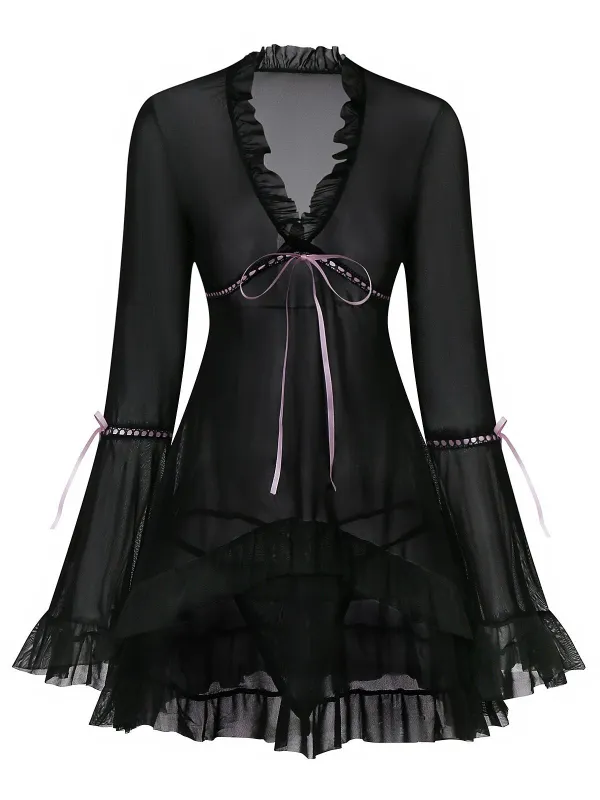 Black 1970s Bowknot Ruffled Sheer Nightdress sold by Retro Stage