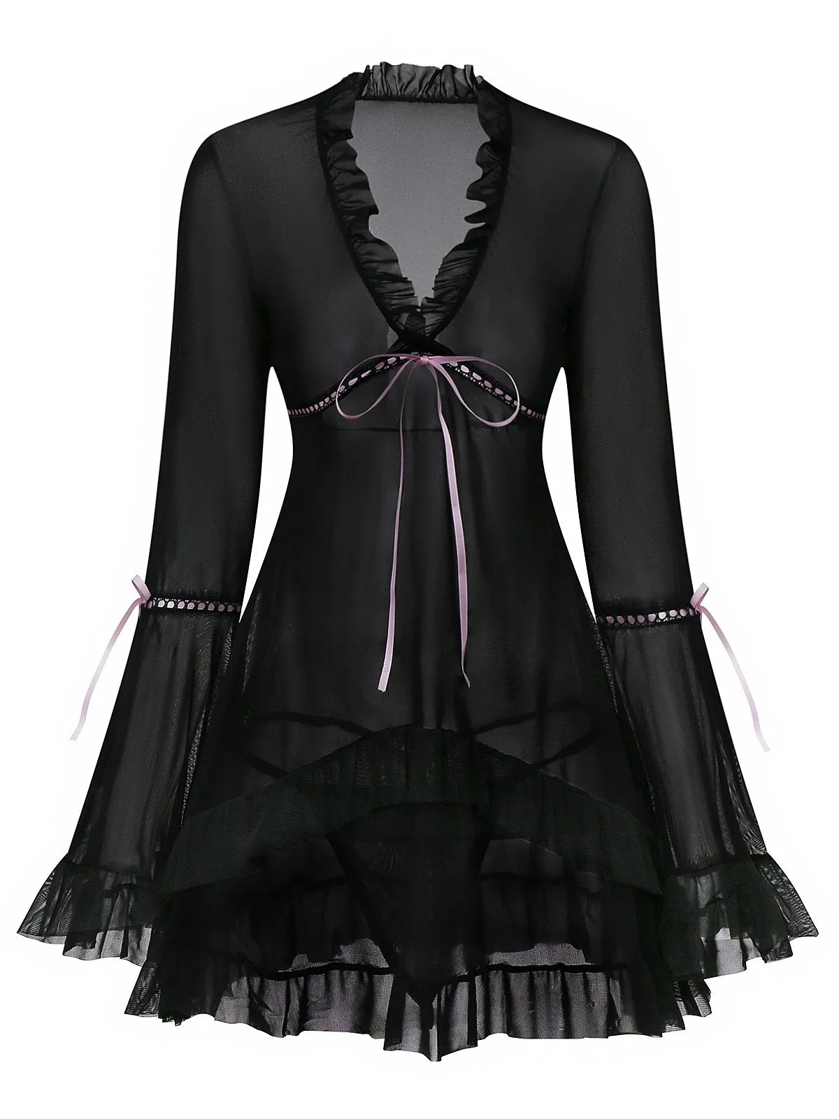 Black 1970s Bowknot Ruffled Sheer Nightdress sold by Retro Stage