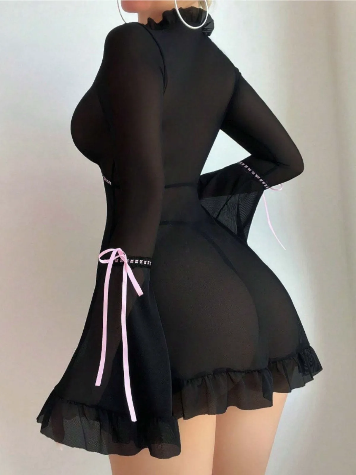 Black 1970s Bowknot Ruffled Sheer Nightdress sold by Retro Stage product image thumbnail 4