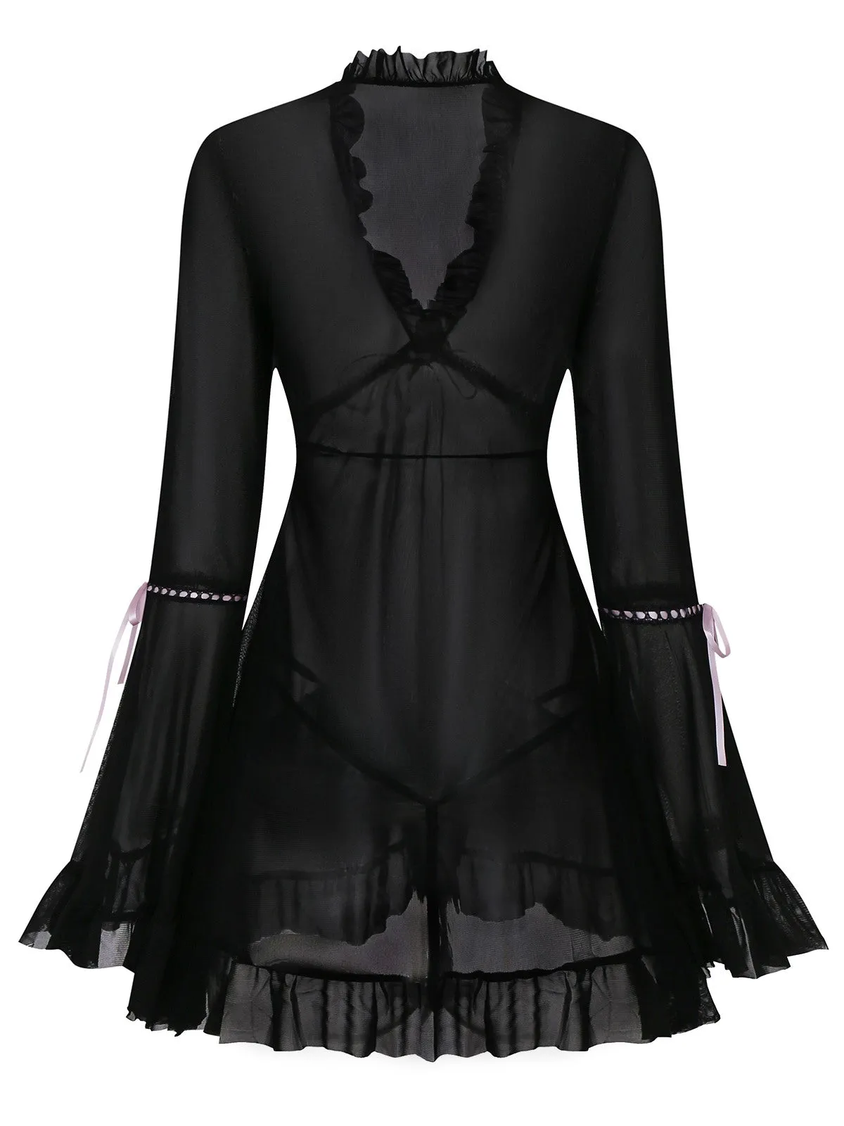 Black 1970s Bowknot Ruffled Sheer Nightdress sold by Retro Stage product image thumbnail 2