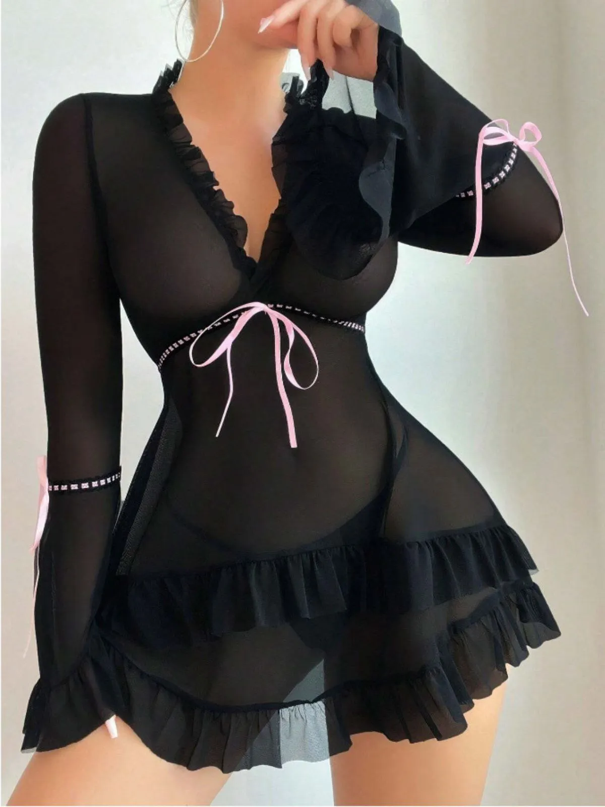 Black 1970s Bowknot Ruffled Sheer Nightdress sold by Retro Stage product image thumbnail 3