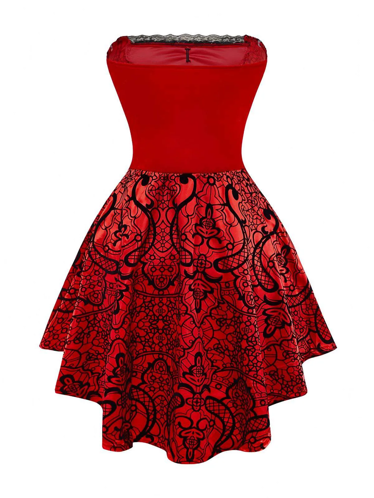 Red 1980s Velvet Lace Sequined Strapless Dress & Cape sold by Retro Stage product image thumbnail 3