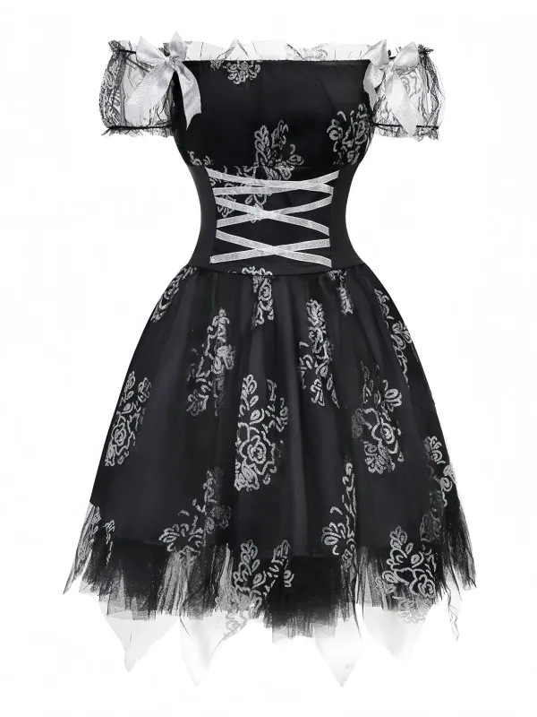 Black 1970s Vampire Bride Off-Shoulder Mesh Dress sold by Retro Stage