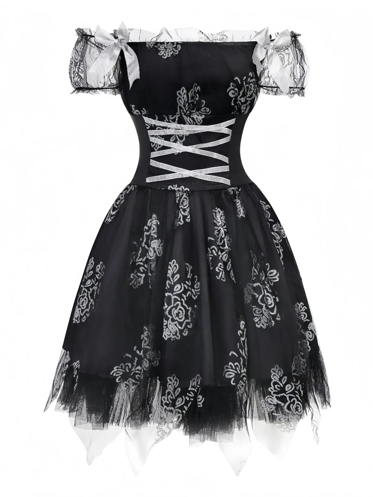 Black 1970s Vampire Bride Off-Shoulder Mesh Dress sold by Retro Stage