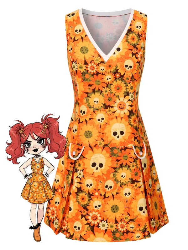 Orange 1960s Halloween Skull Floral Print V-Neck Dress sold by Retro Stage