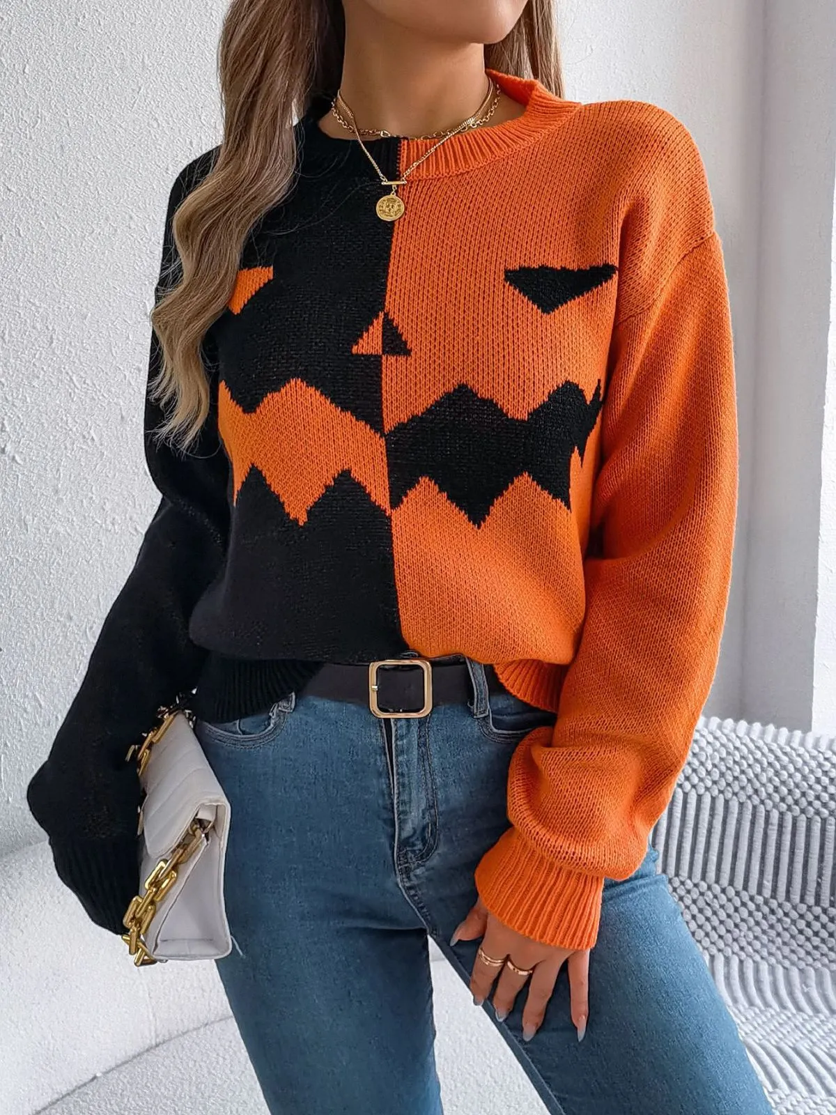 1940s Halloween Pumpkin Face ColorBlock Knit Sweater sold by Retro Stage