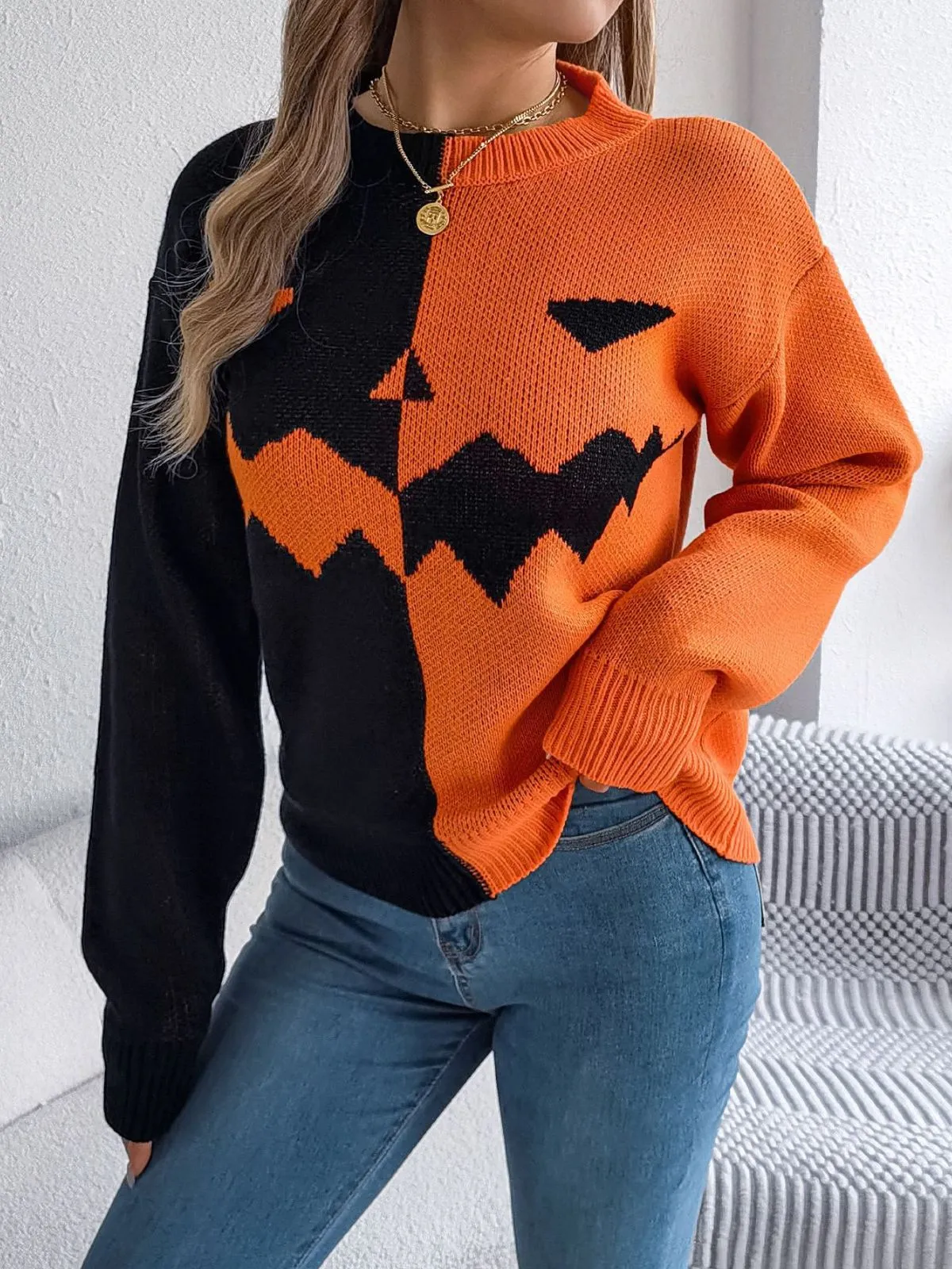 1940s Halloween Pumpkin Face ColorBlock Knit Sweater sold by Retro Stage product image thumbnail 4