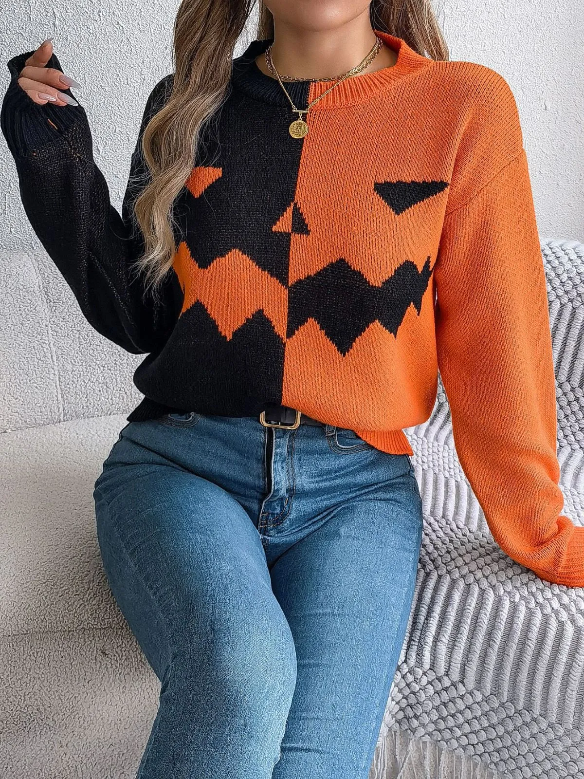 1940s Halloween Pumpkin Face ColorBlock Knit Sweater sold by Retro Stage product image thumbnail 2
