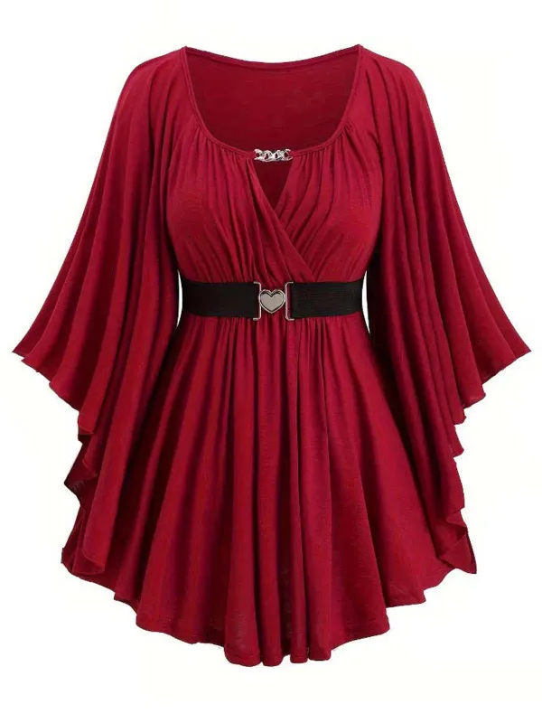 [Plus Size] Deep Red 1970s Batwing Sleeve Ruffled Top sold by Retro Stage