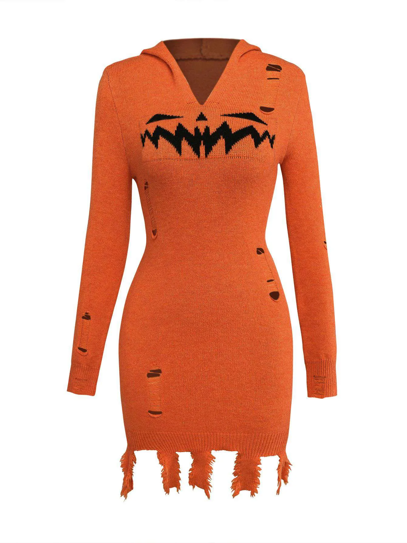 Orange 1970s Halloween Distressed Pumpkin Knit Hoodie Dress sold by Retro Stage product image thumbnail 2