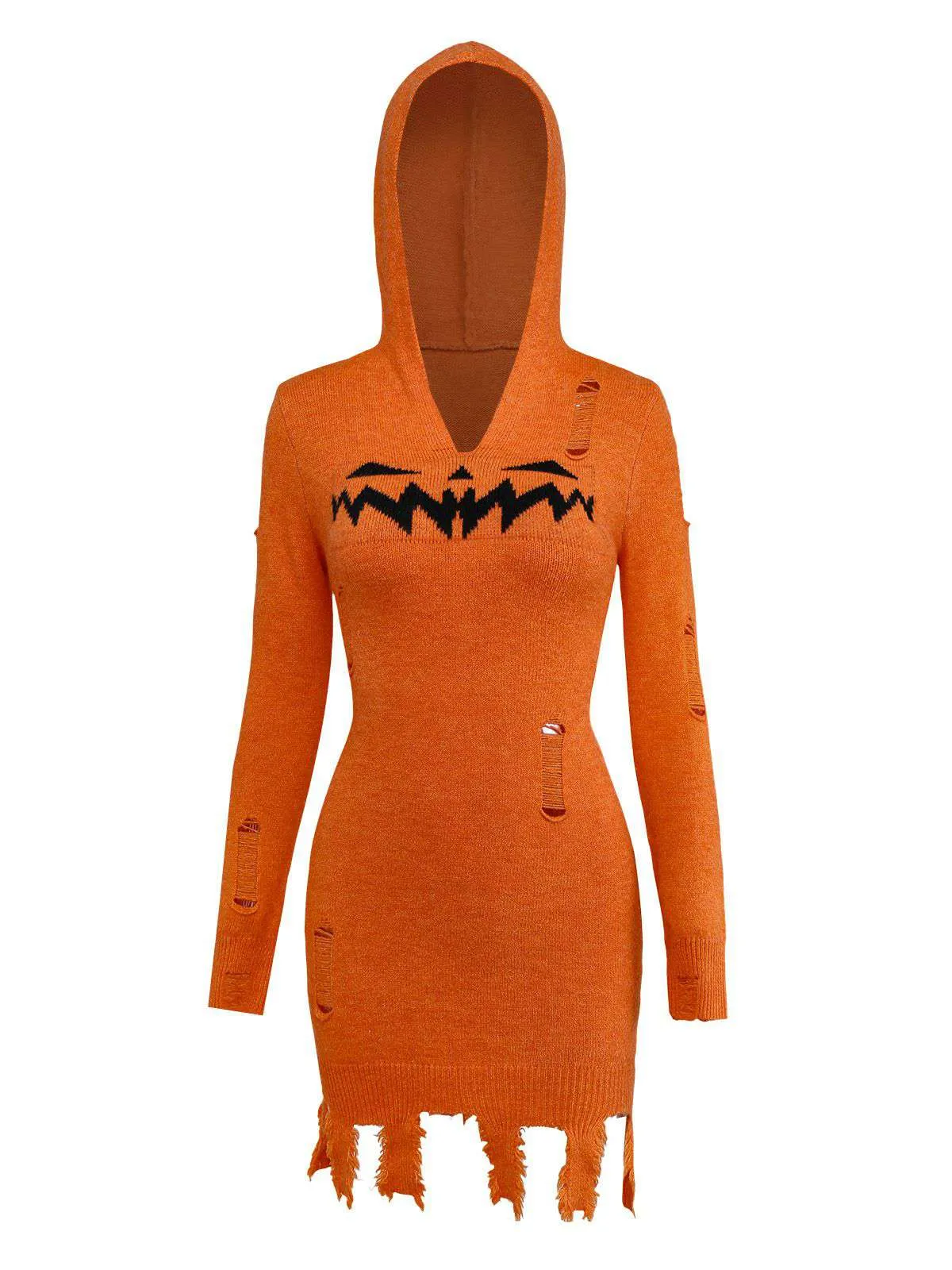 Orange 1970s Halloween Distressed Pumpkin Knit Hoodie Dress sold by Retro Stage