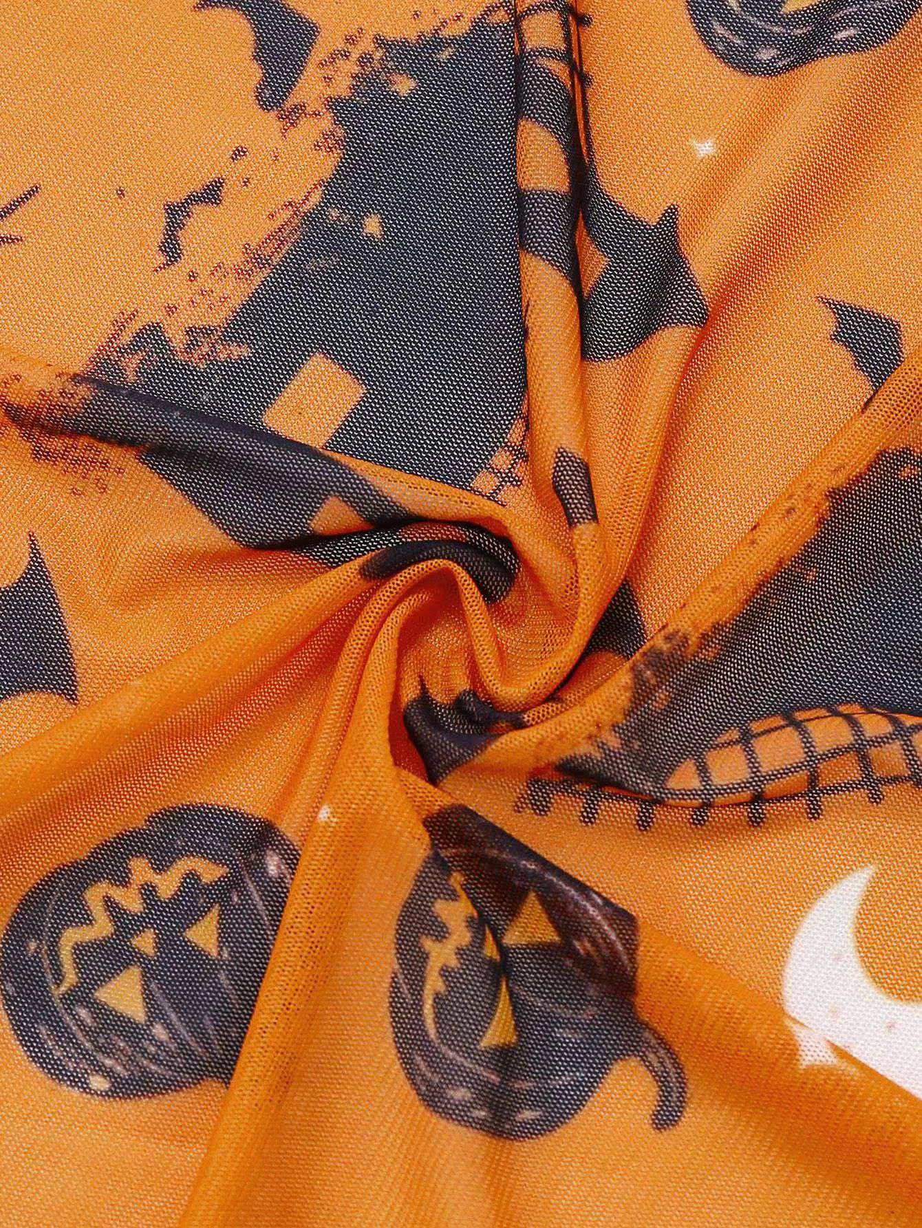 Orange 1970s Halloween Pumpkin Print Lace Halter Nightgown sold by Retro Stage product image thumbnail 4