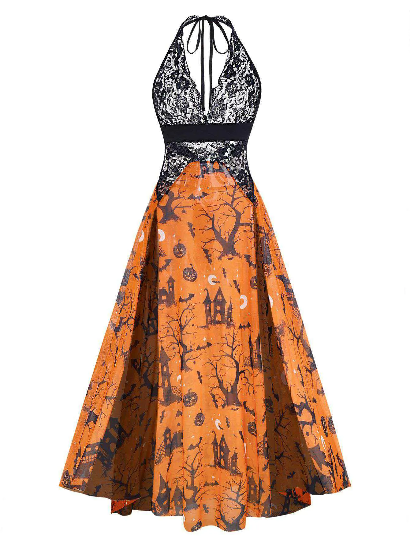 Orange 1970s Halloween Pumpkin Print Lace Halter Nightgown sold by Retro Stage