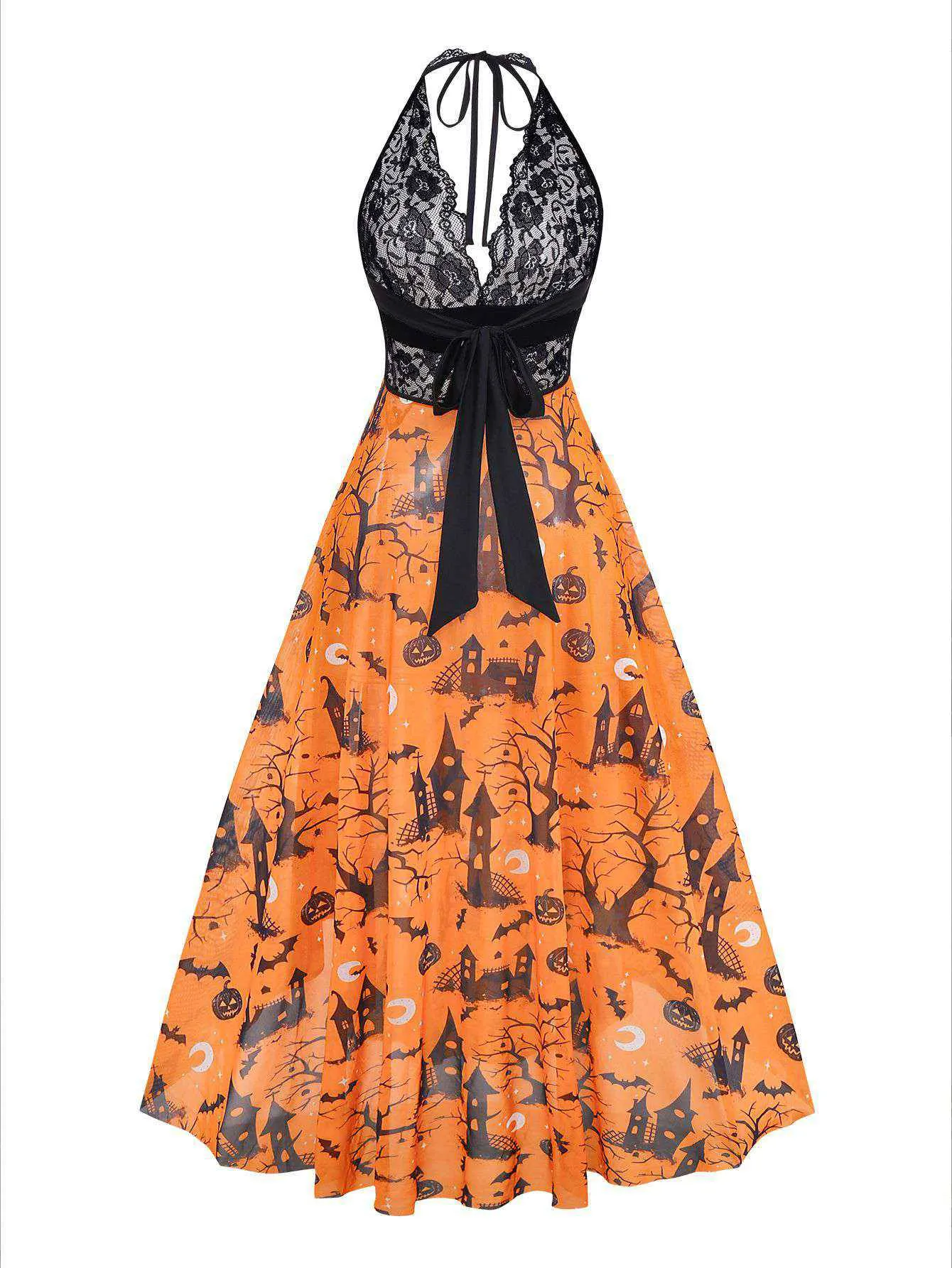 Orange 1970s Halloween Pumpkin Print Lace Halter Nightgown sold by Retro Stage product image thumbnail 2