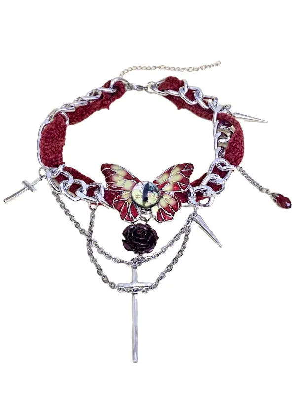 Gothic Cross Chains Rose Red Velvet Butterfly Choker sold by Retro Stage