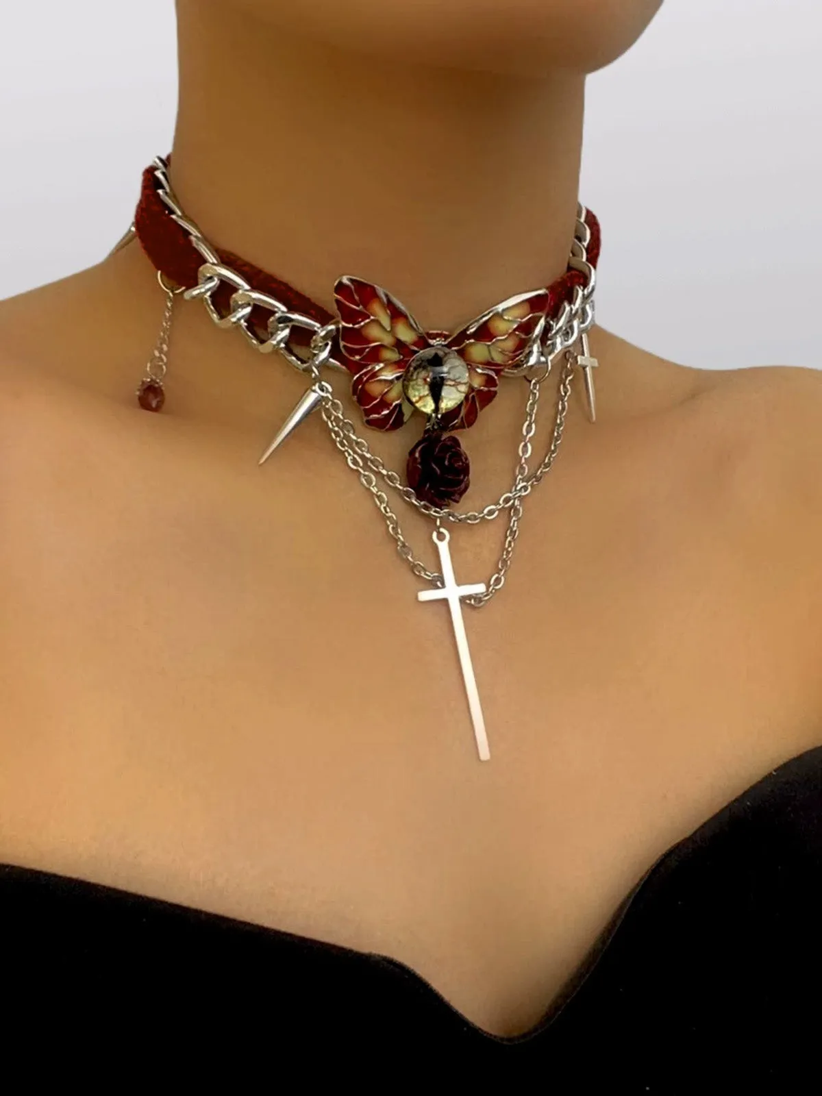 Gothic Cross Chains Rose Red Velvet Butterfly Choker sold by Retro Stage product image thumbnail 2
