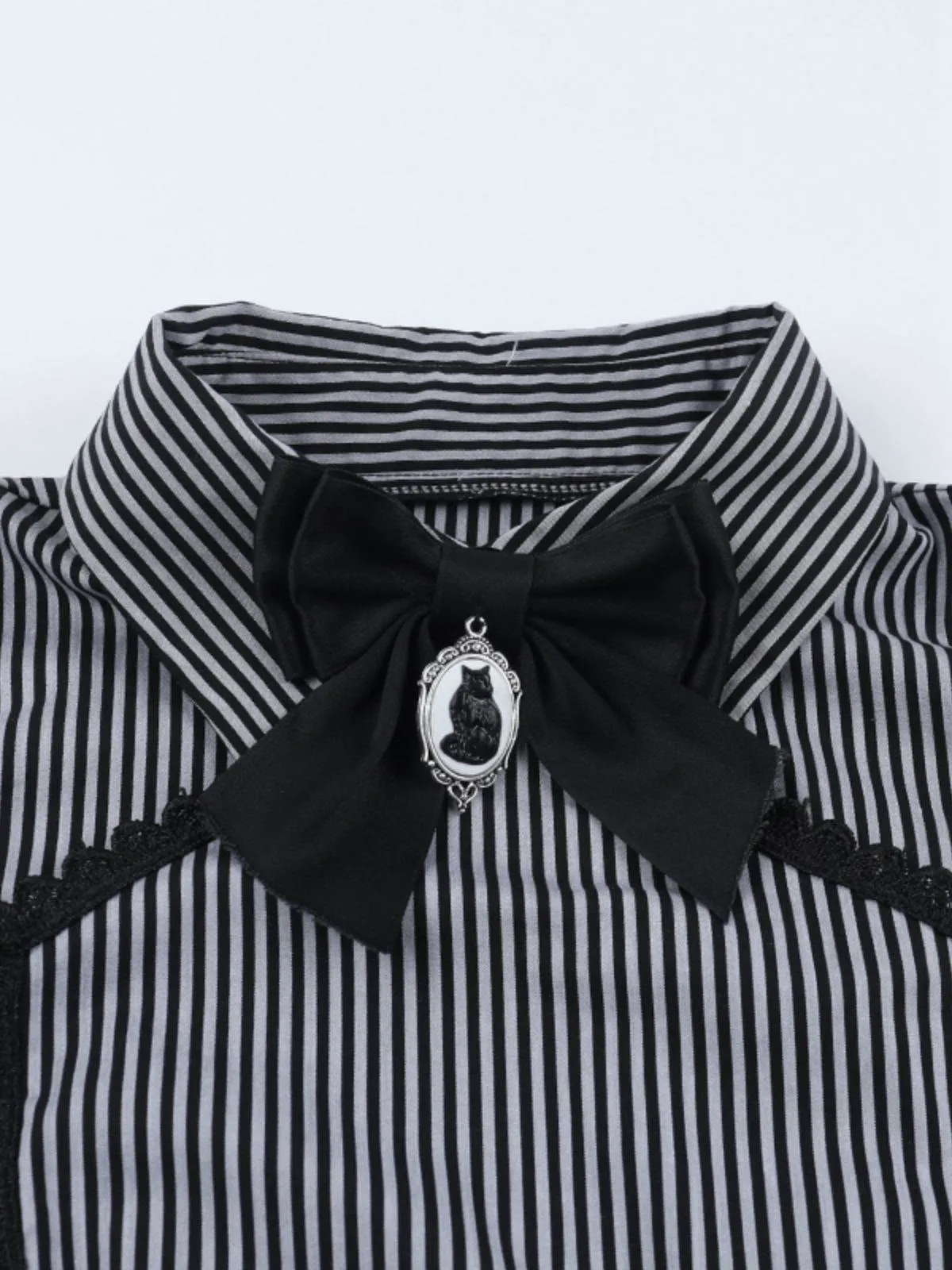 Gray 1930s Vertical Striped Puff Sleeve Ruffled Blouse sold by Retro Stage product image thumbnail 3