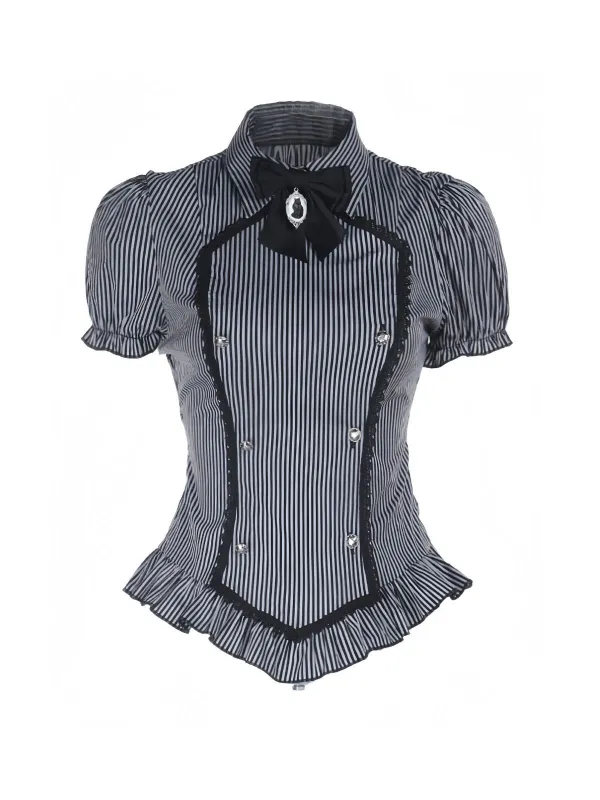 Gray 1930s Vertical Striped Puff Sleeve Ruffled Blouse sold by Retro Stage