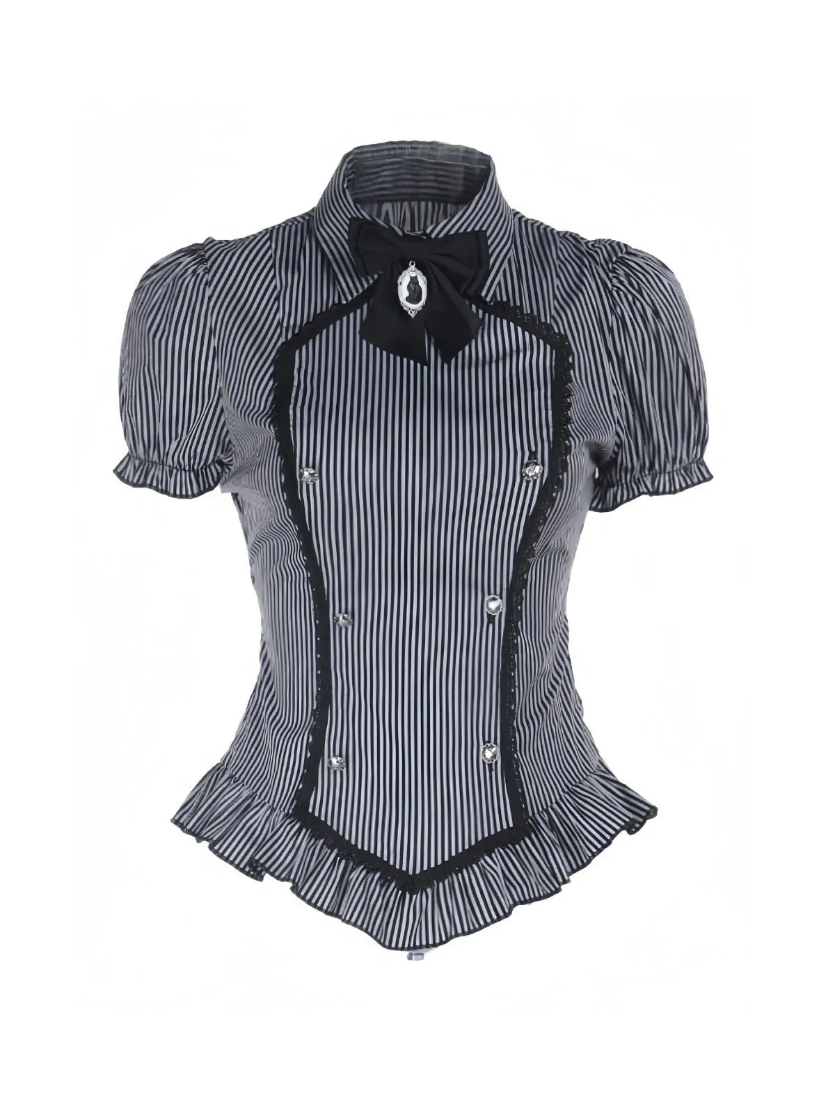 Gray 1930s Vertical Striped Puff Sleeve Ruffled Blouse sold by Retro Stage