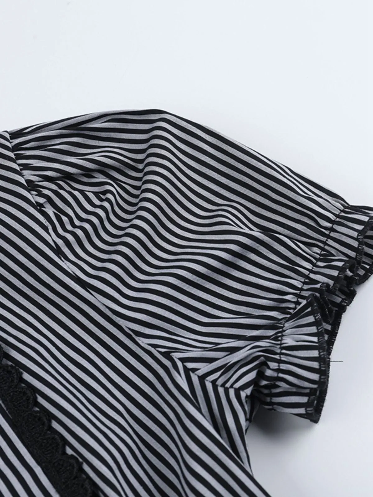 Gray 1930s Vertical Striped Puff Sleeve Ruffled Blouse sold by Retro Stage product image thumbnail 5