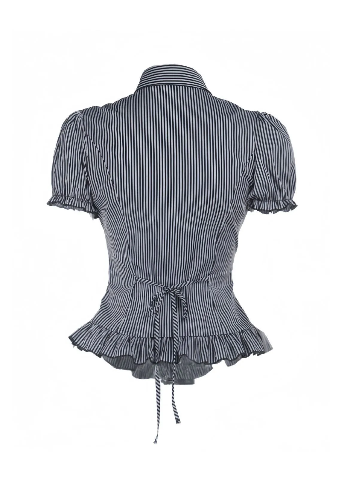 Gray 1930s Vertical Striped Puff Sleeve Ruffled Blouse sold by Retro Stage product image thumbnail 2