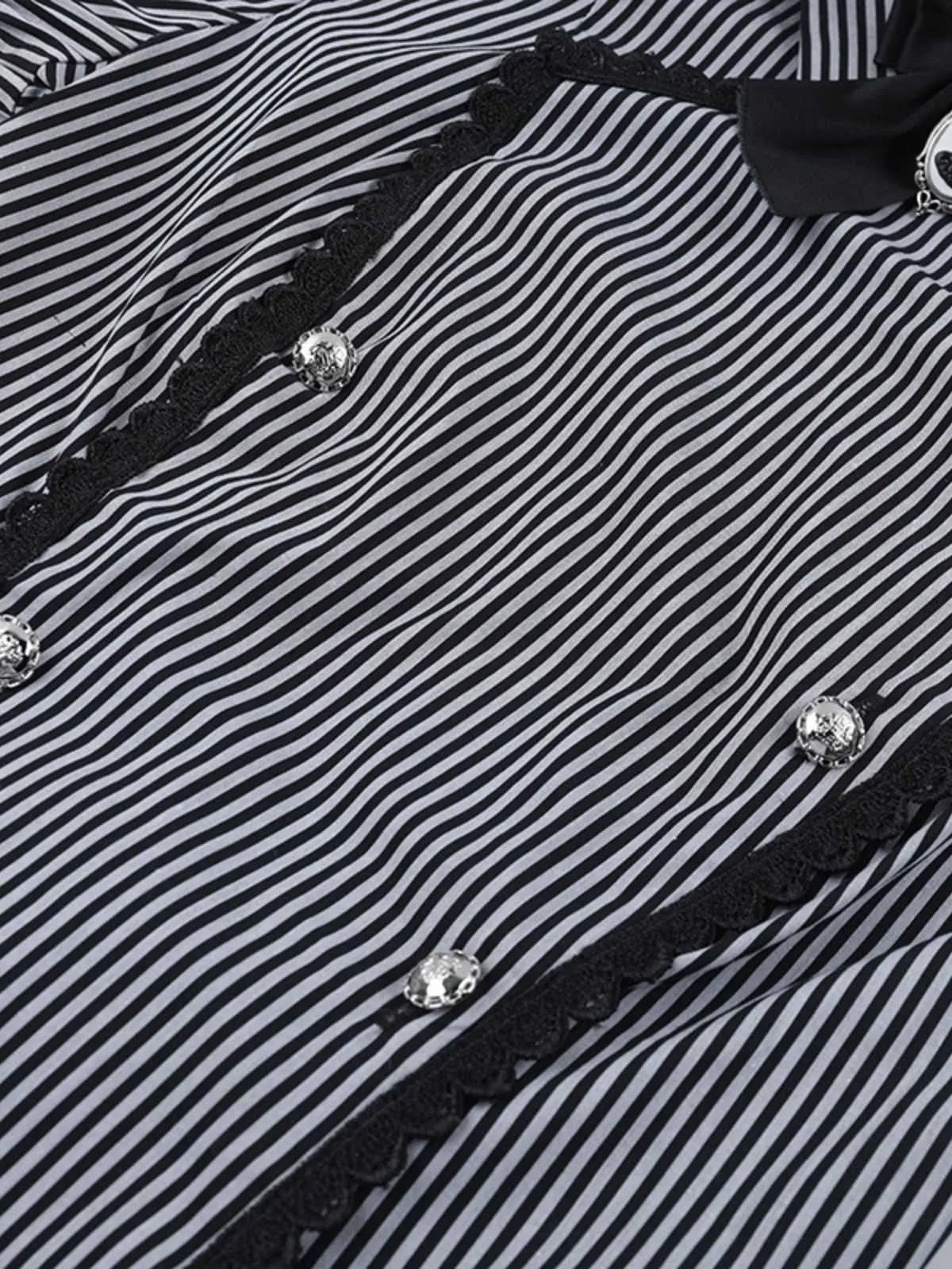 Gray 1930s Vertical Striped Puff Sleeve Ruffled Blouse sold by Retro Stage product image thumbnail 4