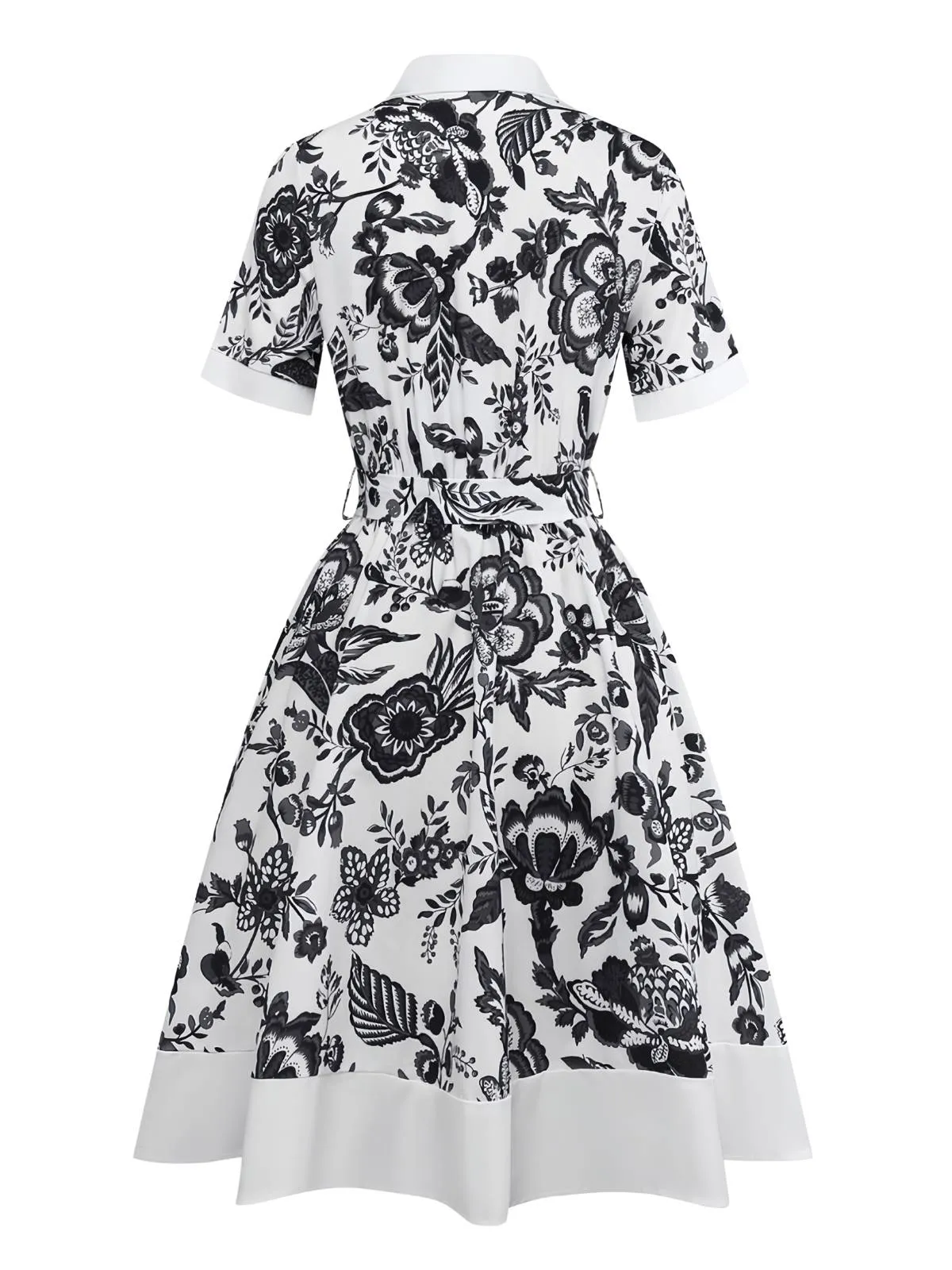 Black 1940s Plants Floral Shirt Collar Belted Dress sold by Retro Stage product image thumbnail 2