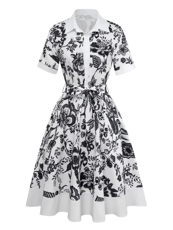Black 1940s Plants Floral Shirt Collar Belted Dress sold by Retro Stage
