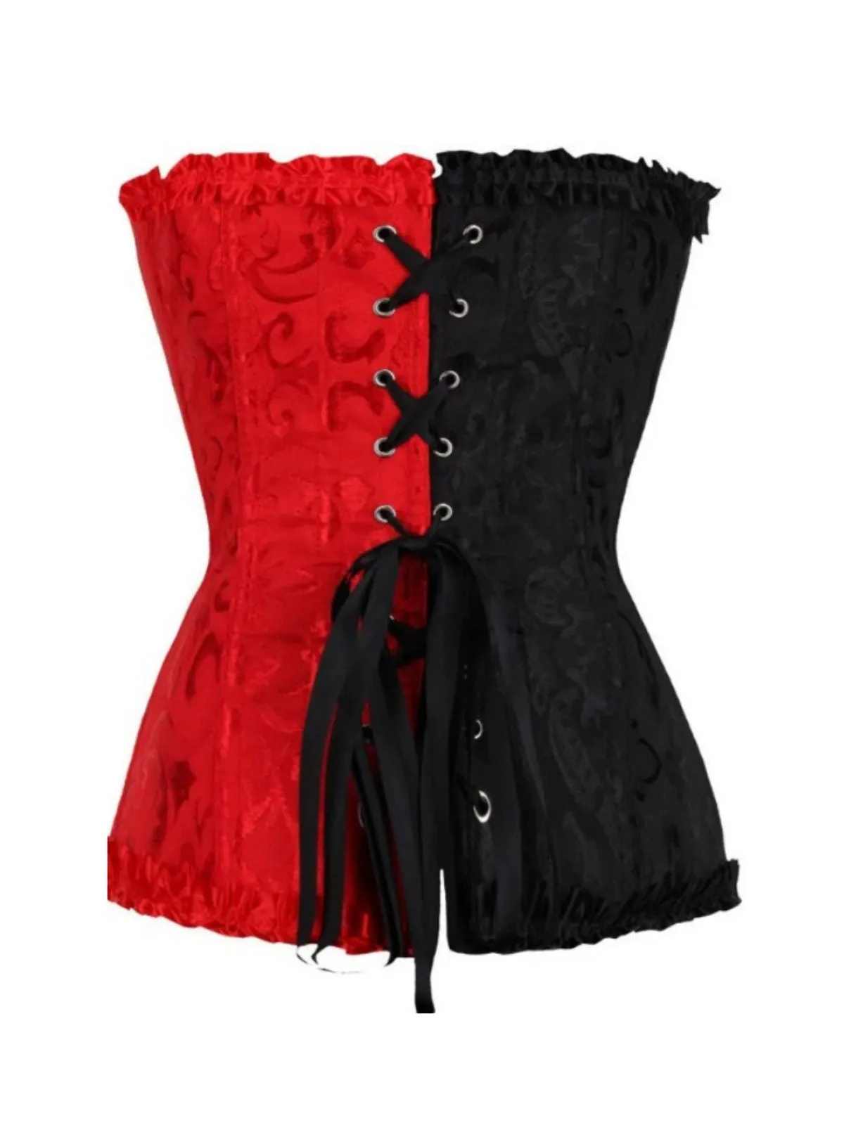 Black & Red 1980s Gothic Colorblock Jacquard Ruffled Corset sold by Retro Stage product image thumbnail 2
