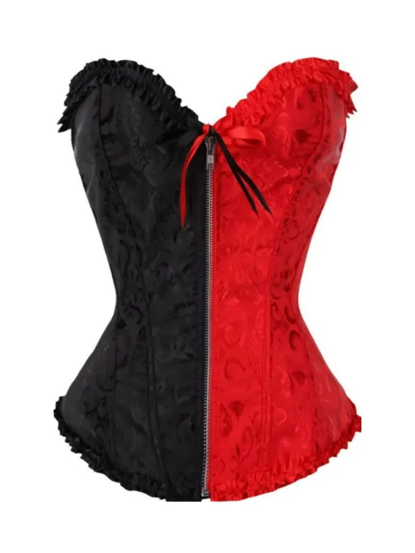 Black & Red 1980s Gothic Colorblock Jacquard Ruffled Corset sold by Retro Stage