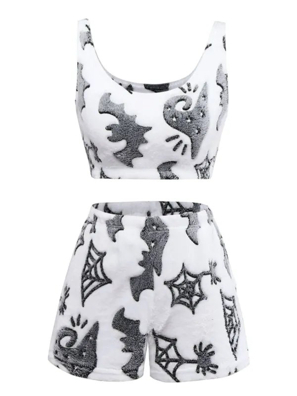 2PCS White 1970s Glowing Halloween Spider Flannel Pajama Set sold by Retro Stage