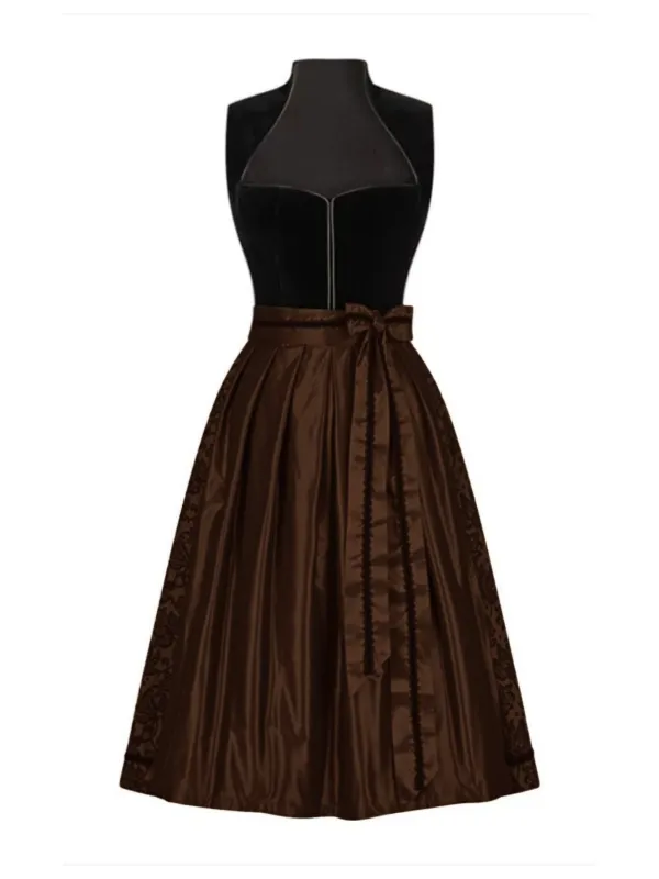Brown 1950s Crochet Velvelt Dress & Satin Pleated Apron made by Retro Stage