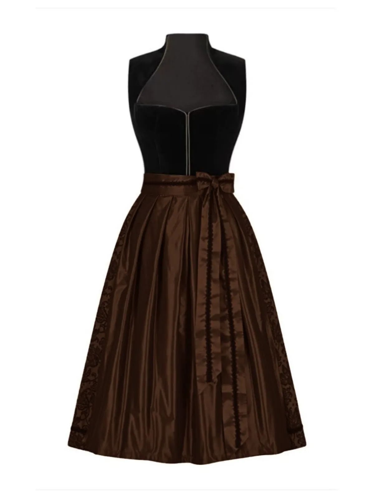 Brown 1950s Crochet Velvelt Dress & Satin Pleated Apron sold by Retro Stage