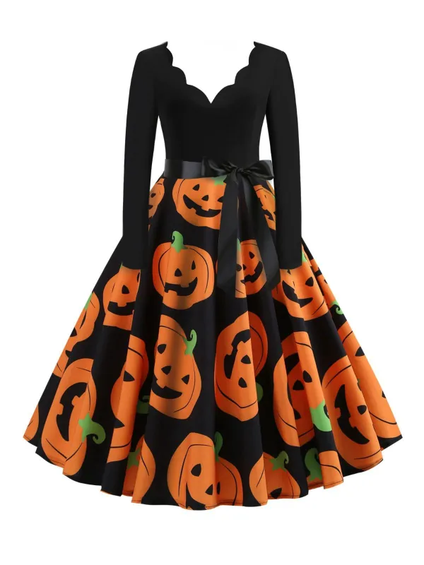 1950s Halloween Pumpkin Spiderweb Petal Neck Dress sold by Retro Stage