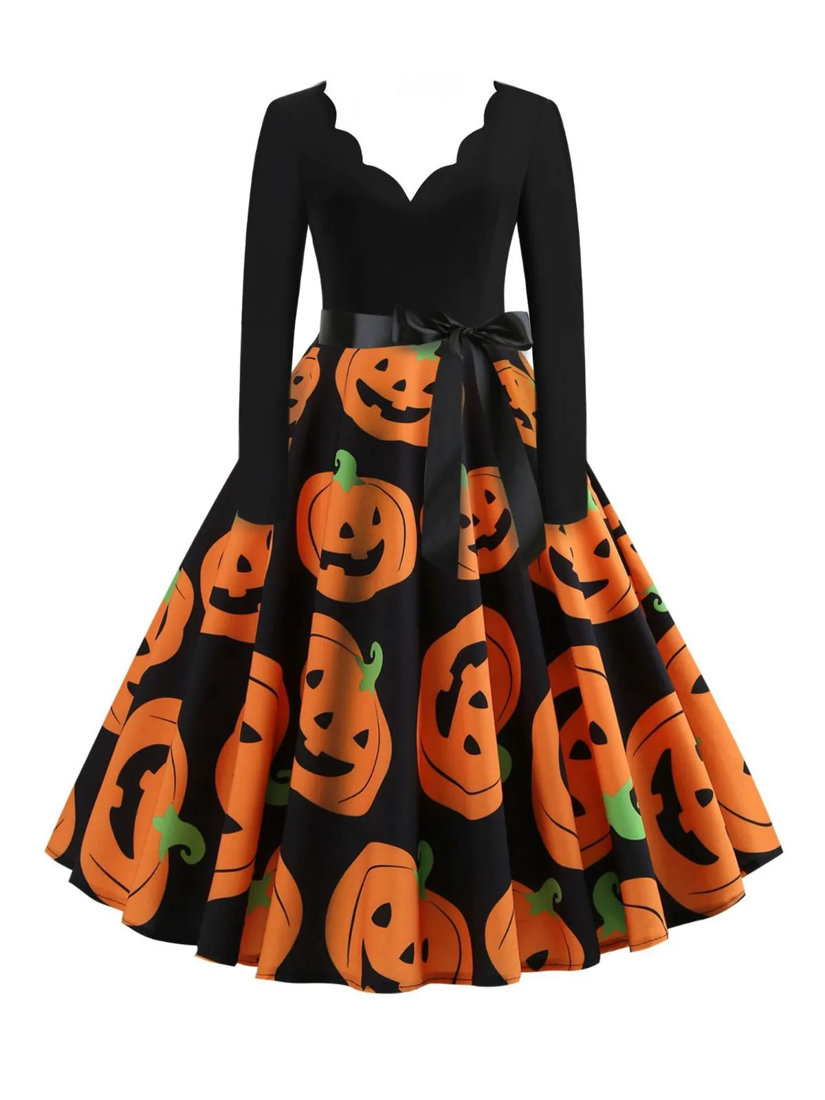 1950s Halloween Pumpkin Spiderweb Petal Neck Dress sold by Retro Stage