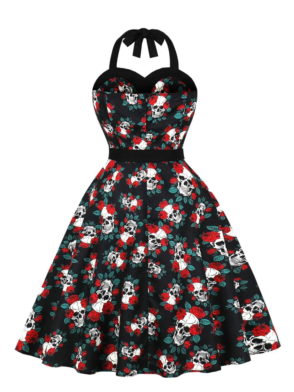 Black 1950s Halloween Skull Roses Halter Dress sold by Retro Stage product image thumbnail 2