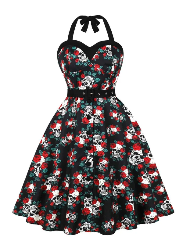 Black 1950s Halloween Skull Roses Halter Dress sold by Retro Stage