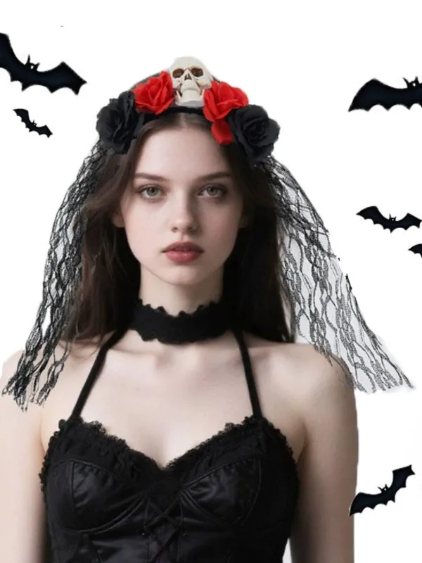 Vintage 3D Skull Roses Lace Veil Headband sold by Retro Stage