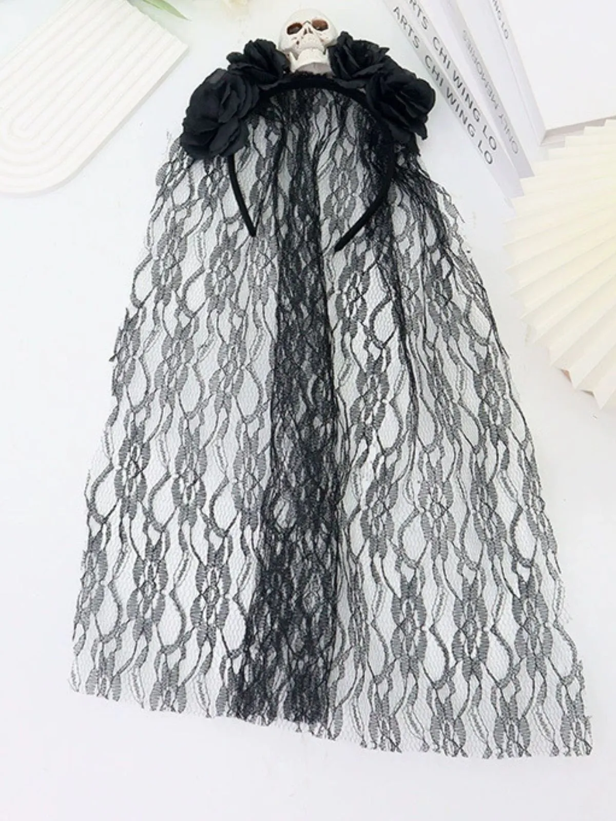 Vintage 3D Skull Roses Lace Veil Headband sold by Retro Stage product image thumbnail 2