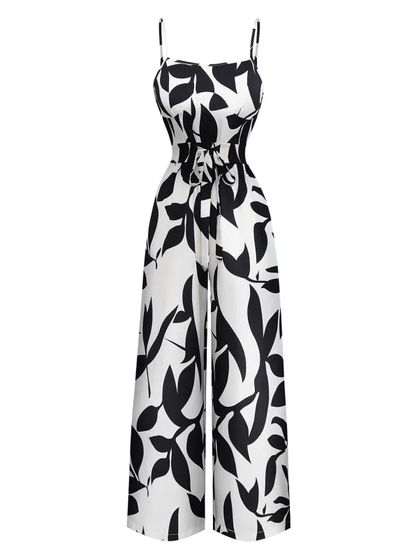 Black 1930s Leaf Silhouette Spaghetti Strap Jumpsuit sold by Retro Stage