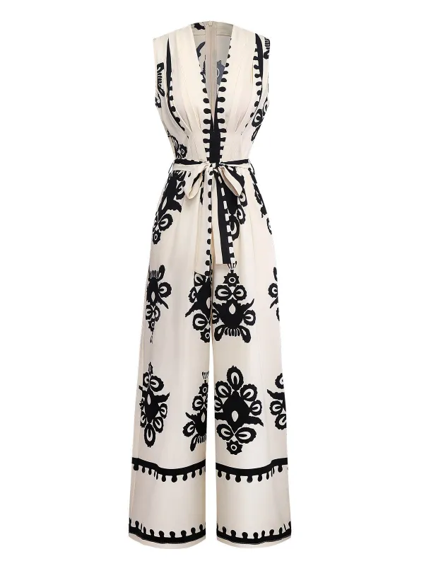 Beige 1970s Deep V-Neck Ethnic Print Jumpsuit sold by Retro Stage