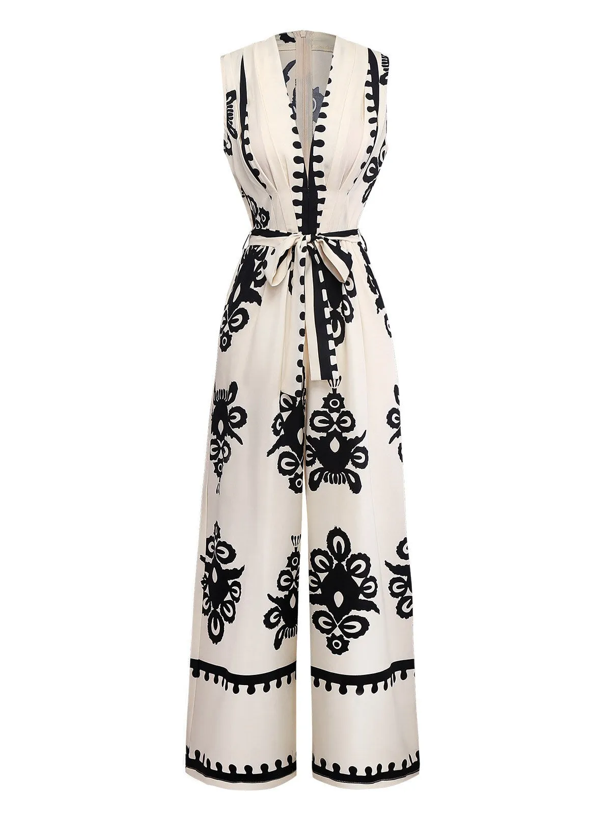 Beige 1970s Deep V-Neck Ethnic Print Jumpsuit sold by Retro Stage