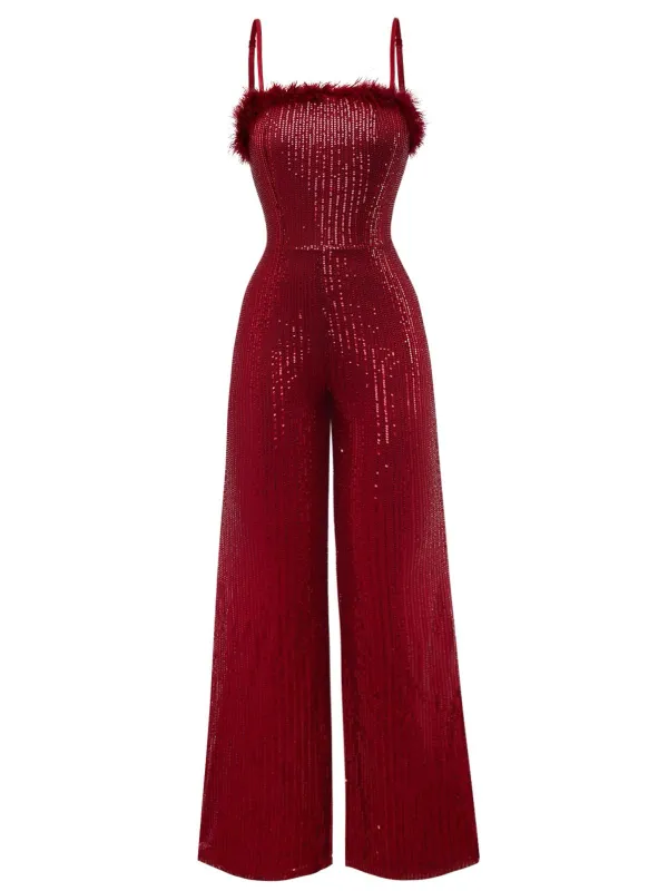 1970s Sequined Fur Trim Patchwork Spaghetti Strap Jumpsuit sold by Retro Stage