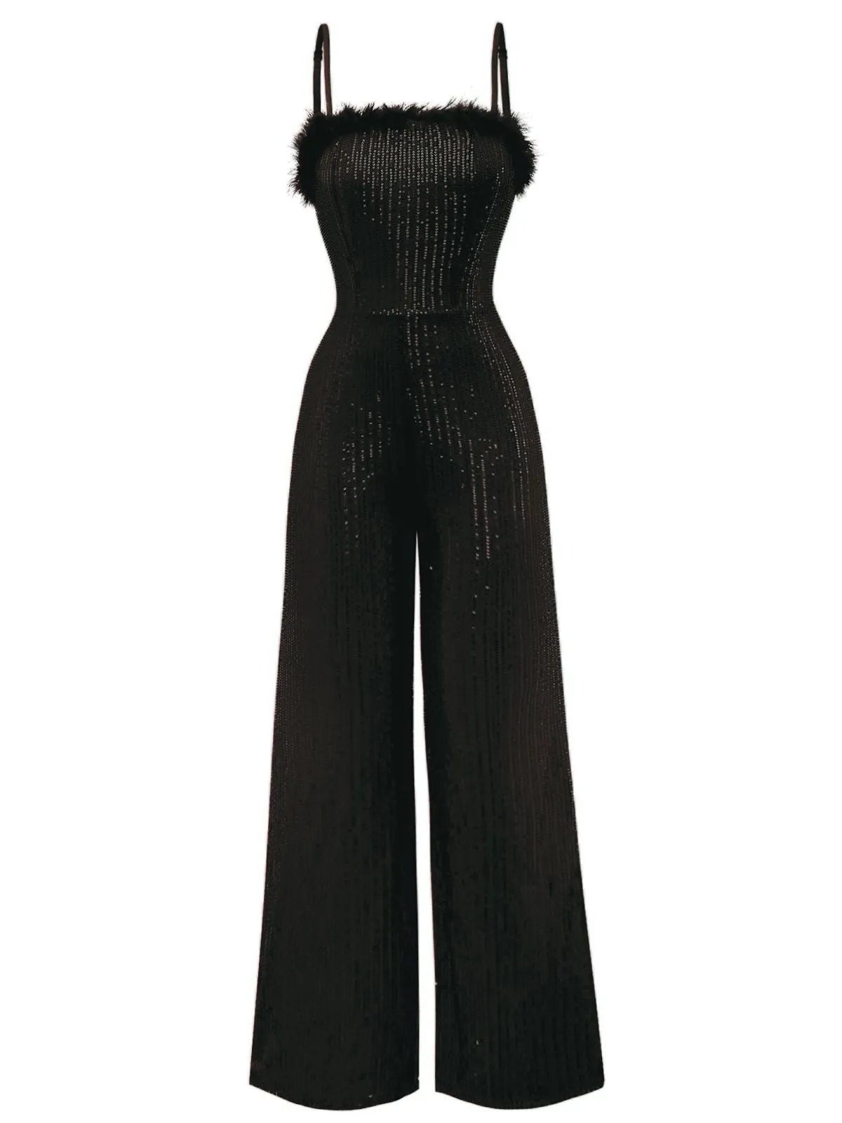 1970s Sequined Fur Trim Patchwork Spaghetti Strap Jumpsuit sold by Retro Stage product image thumbnail 4