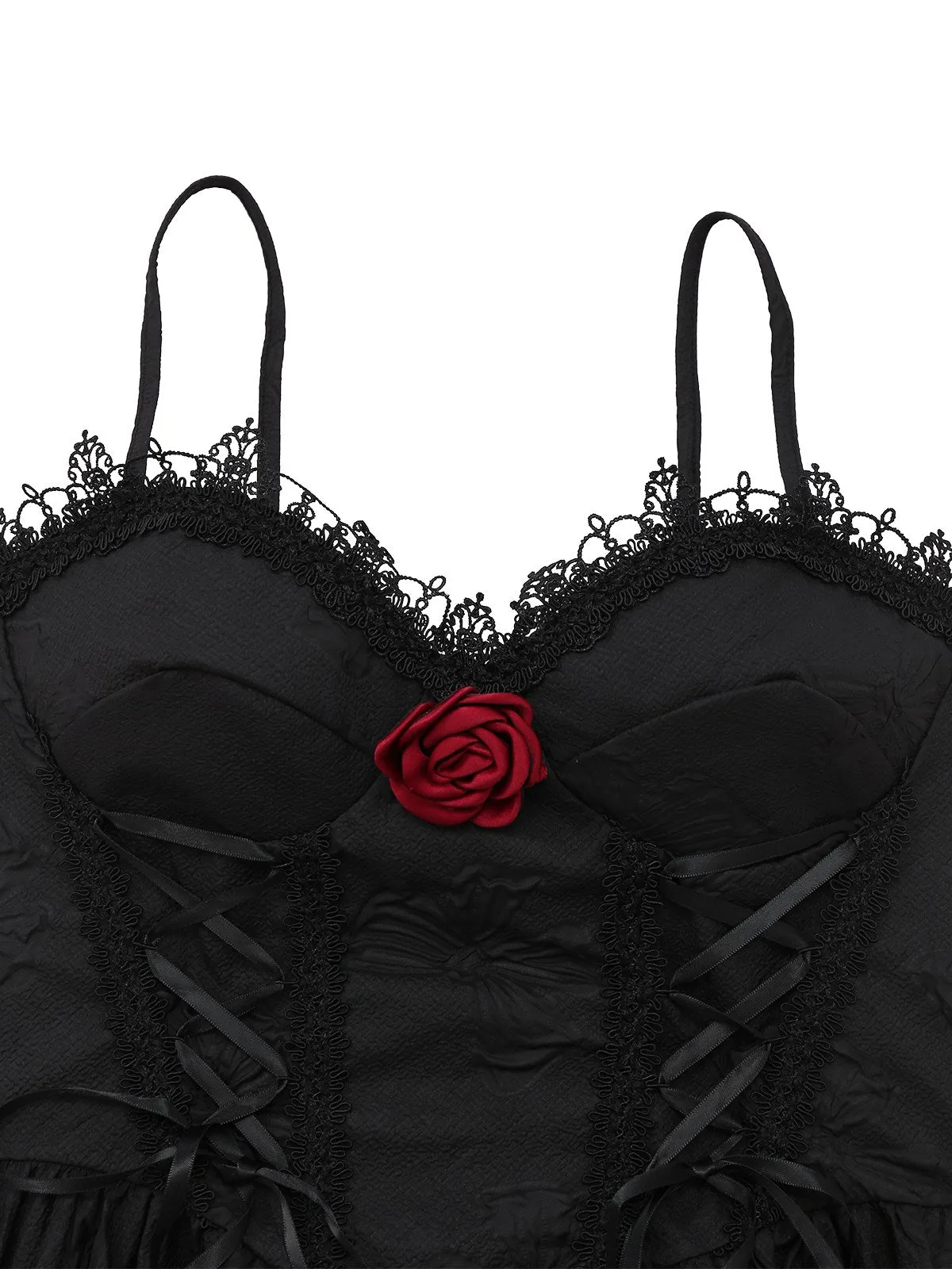 Black 1960s Gothic 3D-Rose Jacquard Lace-Up Dress sold by Retro Stage product image thumbnail 3