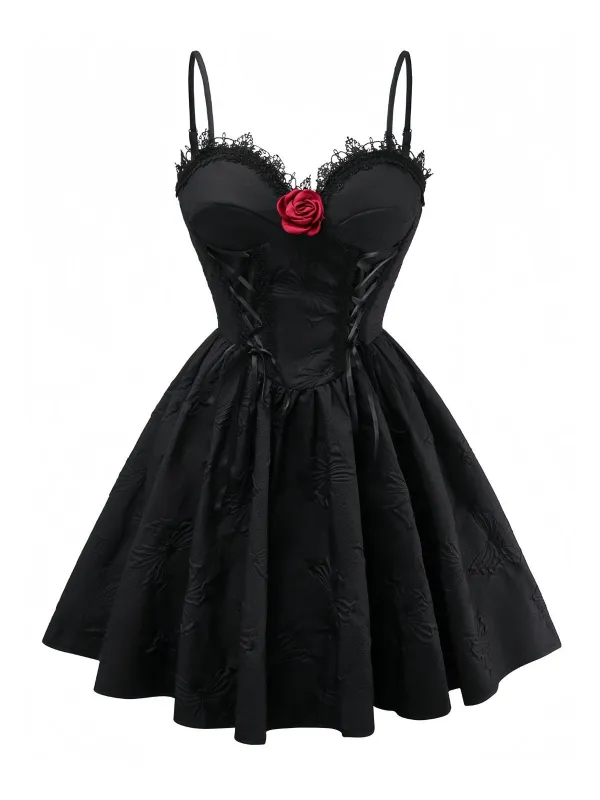 Black 1960s Gothic 3D-Rose Jacquard Lace-Up Dress sold by Retro Stage