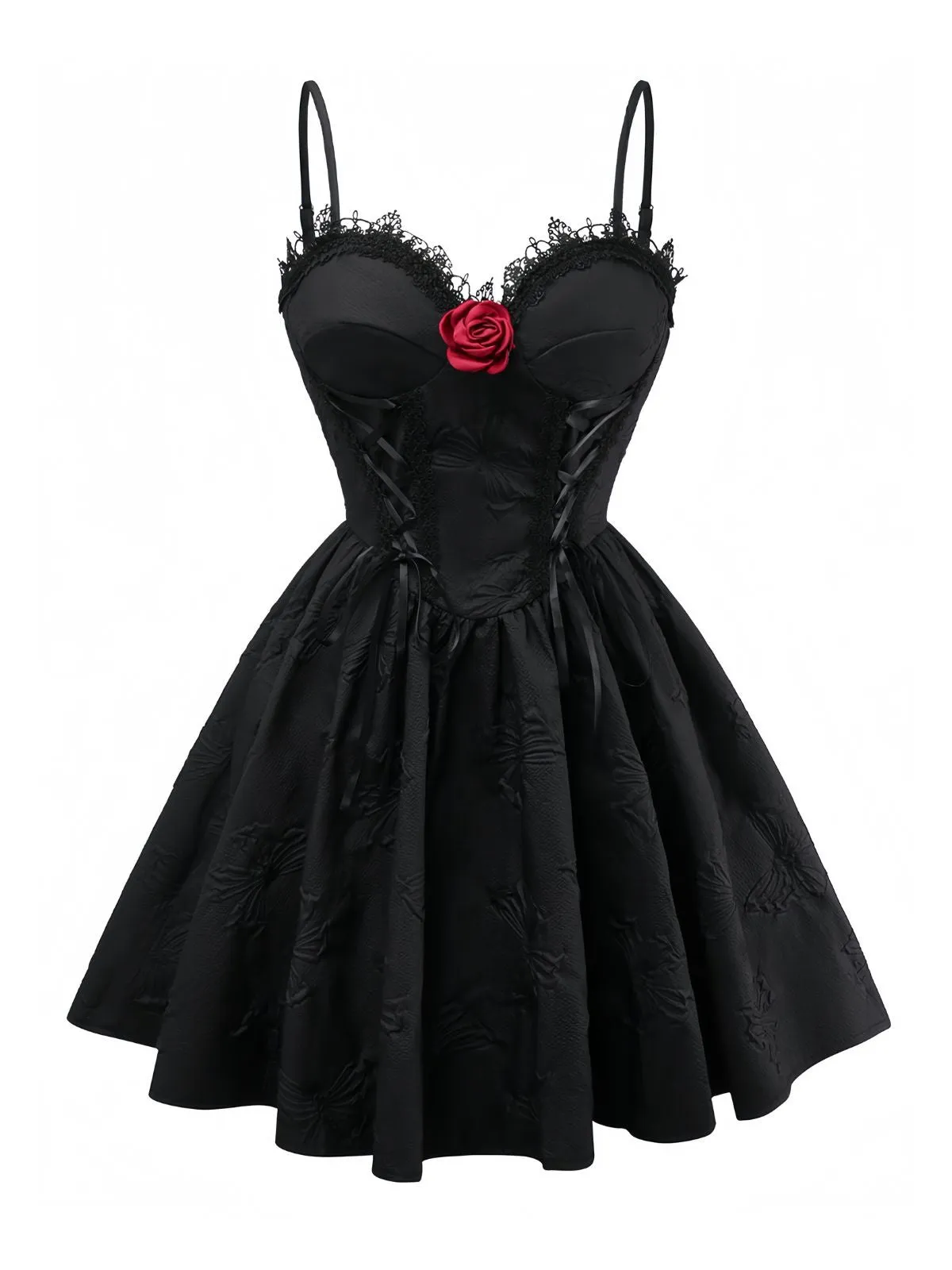 Black 1960s Gothic 3D-Rose Jacquard Lace-Up Dress sold by Retro Stage