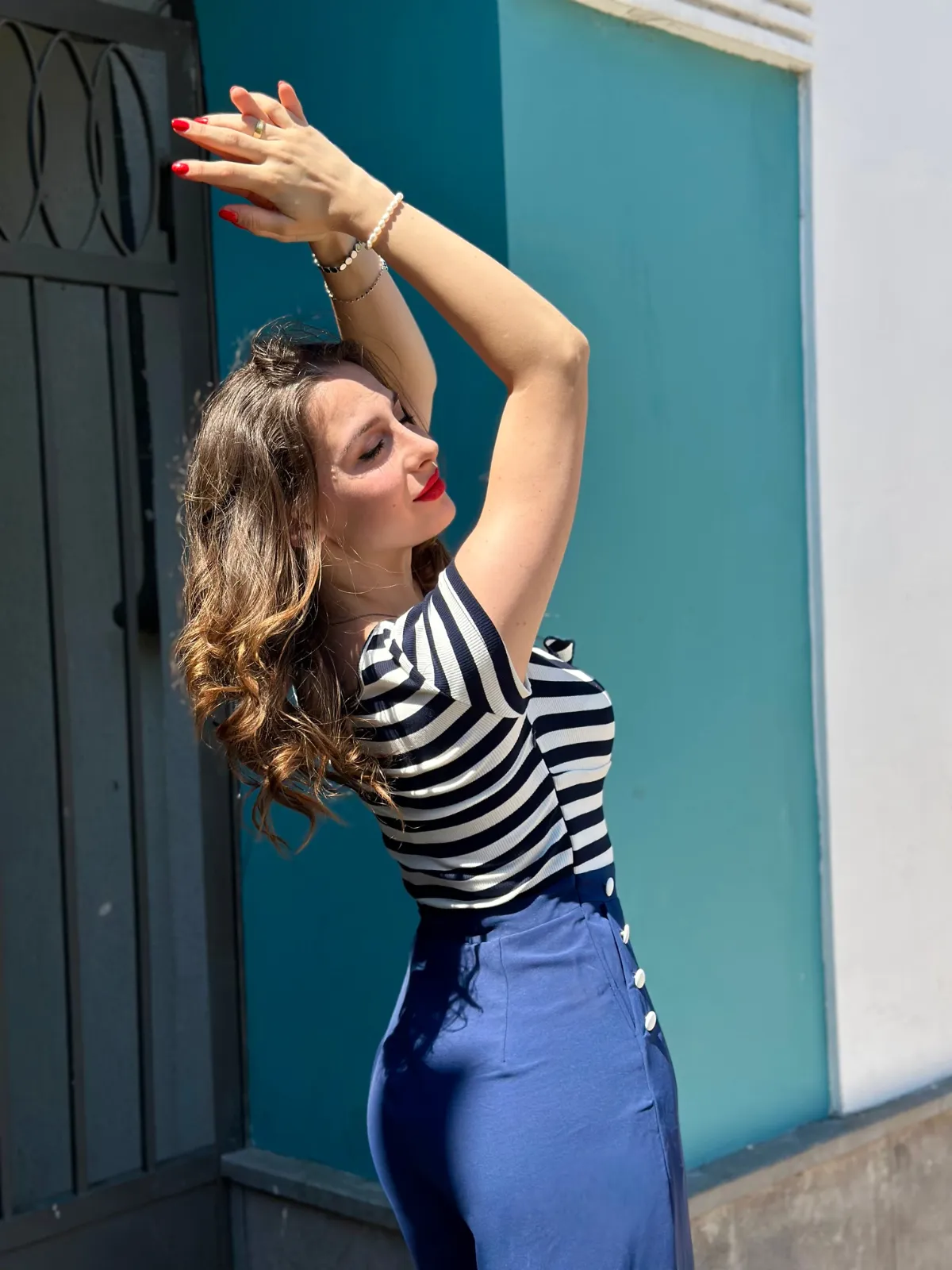 Red 1950s Hollow Bow Stripe Patchwork Jumpsuit sold by Retro Stage product image thumbnail 3