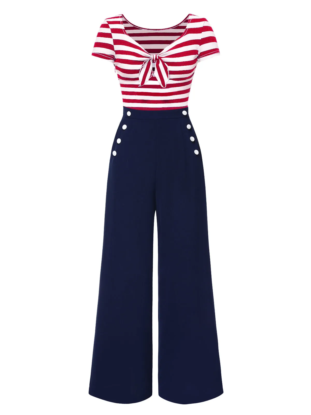 Red 1950s Hollow Bow Stripe Patchwork Jumpsuit sold by Retro Stage product image thumbnail 4